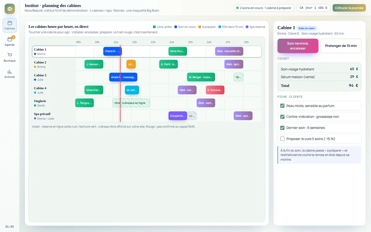 Capture de la démo Nova Beauté : logiciel Big Brain pour instituts de beauté et spas (données fictives)