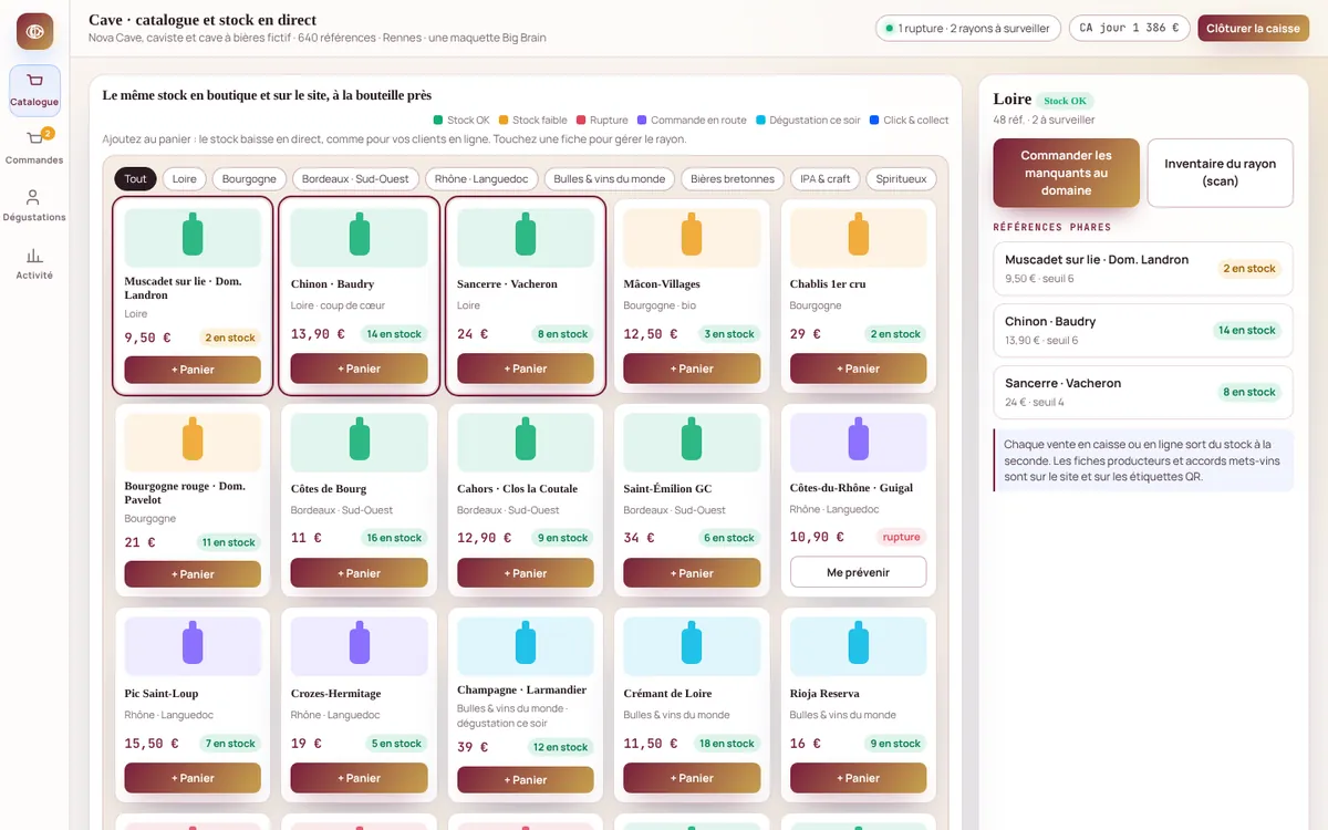 Capture de la démo Nova Cave : logiciel Big Brain pour cavistes (données fictives)