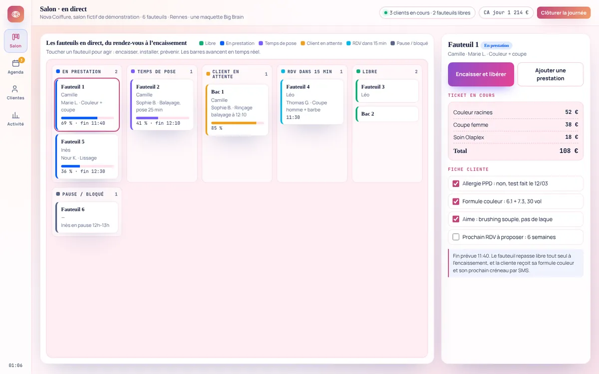 Capture de la démo Nova Coiffure : logiciel Big Brain pour salons de coiffure (données fictives)