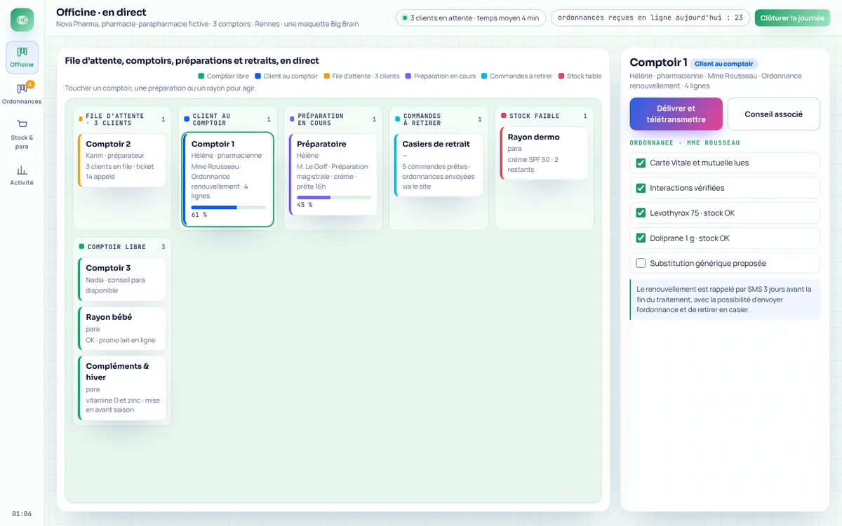 Capture de la démo Nova Pharma : logiciel Big Brain pour pharmacies (données fictives)