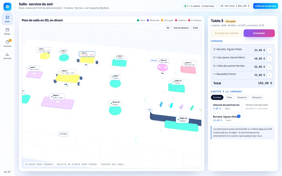 Capture de la démo Nova Salle : logiciel Big Brain pour restaurants (données fictives)