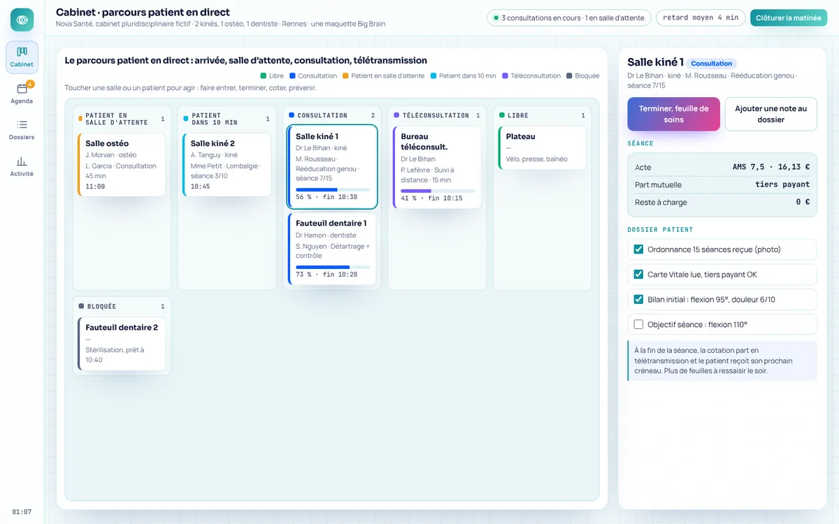 Capture de la démo Nova Santé : logiciel Big Brain pour cabinets médicaux et paramédicaux (données fictives)