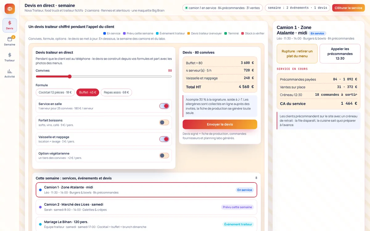 Capture de la démo Nova Traiteur : logiciel Big Brain pour traiteurs et food trucks (données fictives)